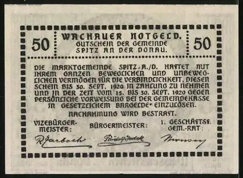 Notgeld Spitz / Donau 1920, 50 Heller, Weissenkirchen Kirche und Landschaftsmotiv, Wachau