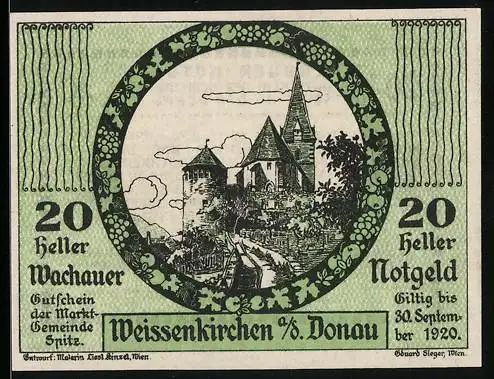 Notgeld Spitz / Donau 1920, 20 Heller, Weissenkirchen Burgruine und Kirche im Rundmotiv