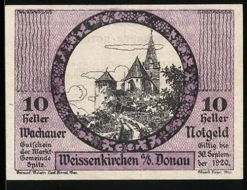 Notgeld Spitz / Donau 1920, 10 Heller, Weissenkirchen Burgruine-Motiv mit Ornamentrahmen