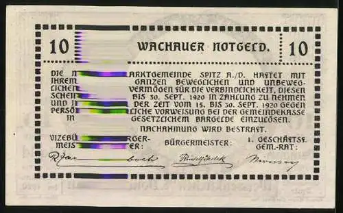 Notgeld Spitz / Donau 1920, 10 Heller, Weissenkirchen Burgruine-Motiv mit Ornamentrahmen