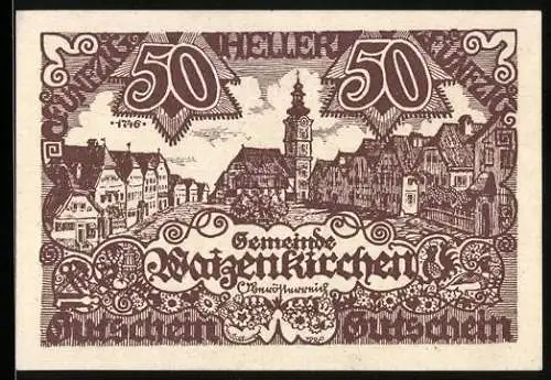 Notgeld Waizenkirchen 1920, 50 Heller, Stadtansicht und Wappen mit Löwe und Kirche