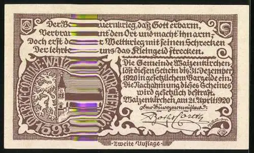 Notgeld Waizenkirchen 1920, 50 Heller, Stadtansicht und Wappen mit Löwe und Kirche