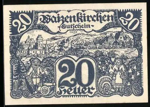 Notgeld Waizenkirchen 1920, 20 Heller, Dorfszene mit Bauern und Wappen, Seriennummer und Gedicht