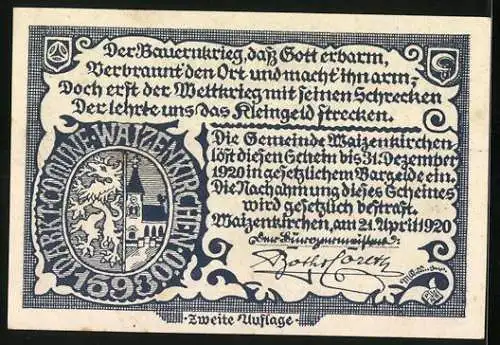 Notgeld Waizenkirchen 1920, 20 Heller, Dorfszene mit Bauern und Wappen, Seriennummer und Gedicht