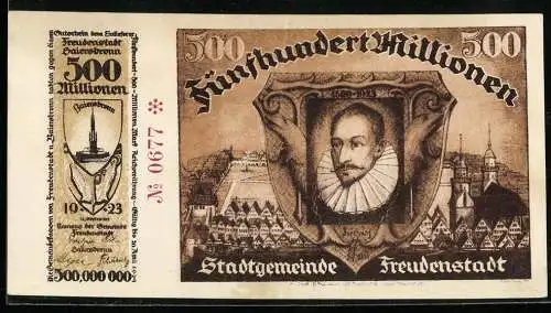 Notgeld Freudenstadt 1923, 500 Millionen Mark, Porträt mit Stadtansicht und Landschaft, Seriennummer 0677, Wappen