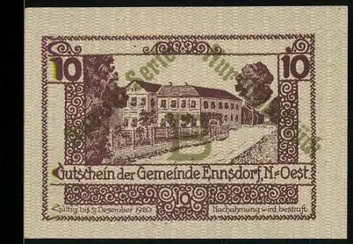 Notgeld Ennsdorf 1920, 10 Heller, Gebäude mit Ornamenten und Inschrift Gutschein der Gemeinde Ennsdorf, N. Oest