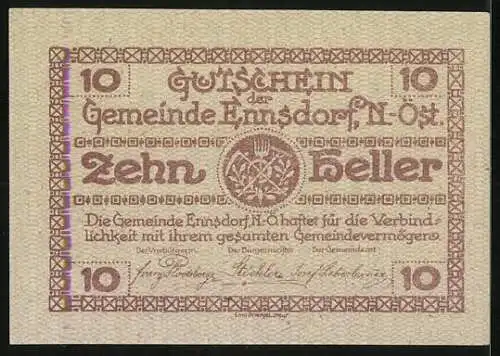 Notgeld Ennsdorf 1920, 10 Heller, Gebäude mit Ornamenten und Inschrift Gutschein der Gemeinde Ennsdorf, N. Oest