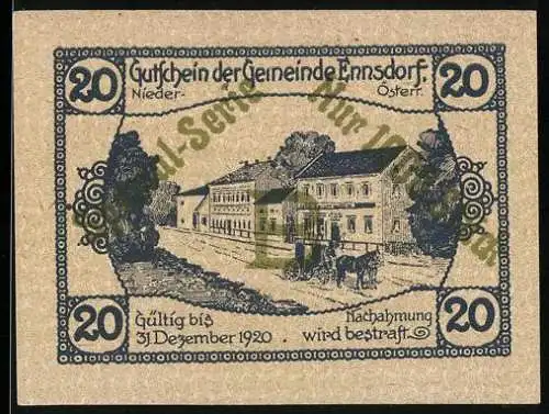 Notgeld Ennsdorf 1920, 20 Heller, Gebäudeansicht und Gemeindewappen