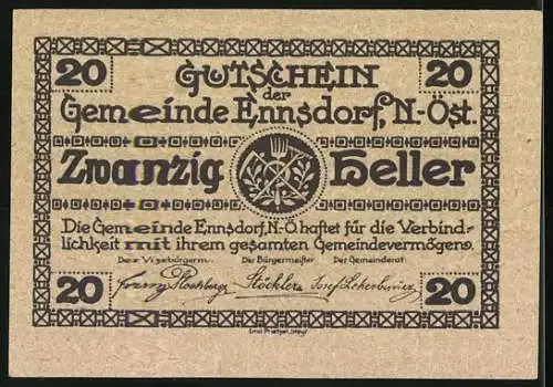 Notgeld Ennsdorf 1920, 20 Heller, Gebäudeansicht und Gemeindewappen