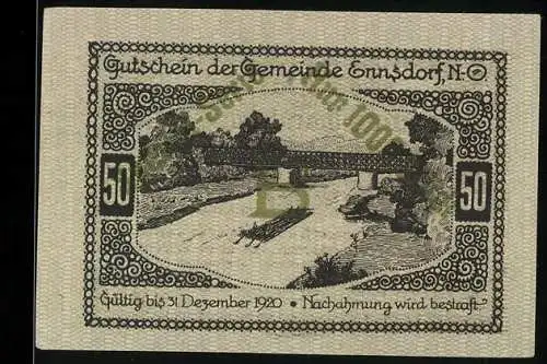 Notgeld Ennsdorf 1920, 50 Heller, Landschaft mit Brücke, Wappen der Gemeinde Ennsdorf