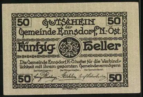 Notgeld Ennsdorf 1920, 50 Heller, Landschaft mit Brücke, Wappen der Gemeinde Ennsdorf