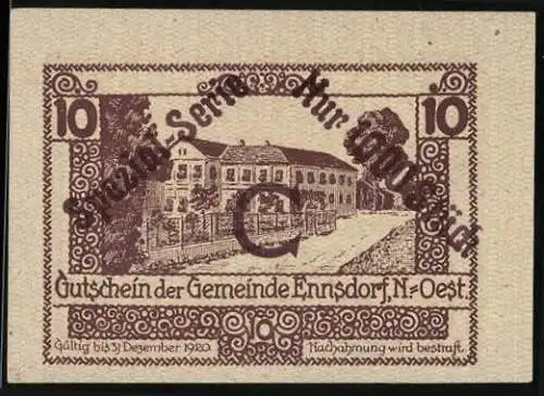 Notgeld Ennsdorf 1920, 10 Heller, Gebäudeansicht mit Ornamenten und Text, Gemeinde Ennsdorf N.-Öst