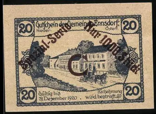 Notgeld Ennsdorf 1920, 20 Heller, Dorfszene mit Pferdekutsche, Ortswappen