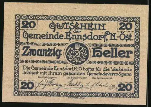 Notgeld Ennsdorf 1920, 20 Heller, Dorfszene mit Pferdekutsche, Ortswappen