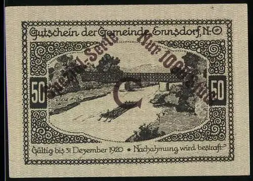 Notgeld Ennsdorf 1920, 50 Heller, Brücke über Fluss, Gemeindewappen, Gültig bis 31. Dezember 1920