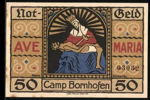 Notgeld Camp Bornhofen 1921, 50 Pfennig, Pietà-Motiv und Landschaft mit Burgen am Rhein