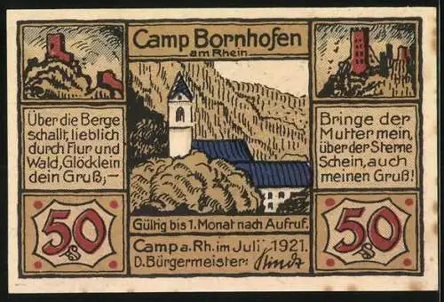 Notgeld Camp Bornhofen 1921, 50 Pfennig, Pietà-Motiv und Landschaft mit Burgen am Rhein