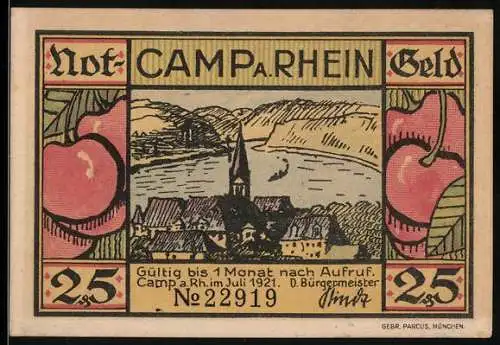 Notgeld Camp am Rhein 1921, 25 Pfennig, Landschaft und Dampfschiff mit Gedicht, Nr. 22919