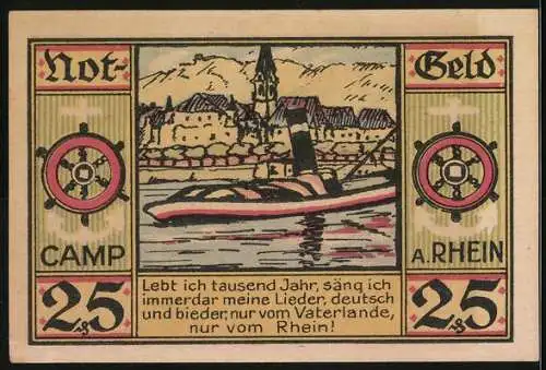 Notgeld Camp am Rhein 1921, 25 Pfennig, Landschaft und Dampfschiff mit Gedicht, Nr. 22919