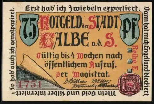 Notgeld Calbe 1919, 75 Pfennig, Statuen und Stephanskirche, Serie E, Seriennummer 1751, Wappen