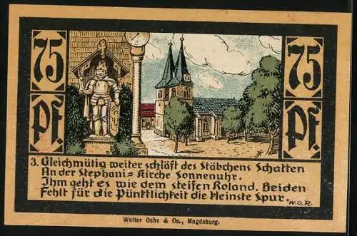 Notgeld Calbe 1919, 75 Pfennig, Statuen und Stephanskirche, Serie E, Seriennummer 1751, Wappen