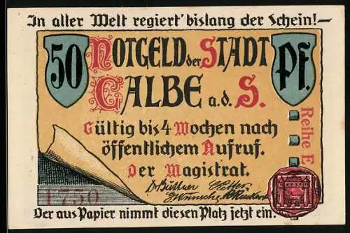 Notgeld Calbe, 50 Pfennig, Rathaus mit Bäumen und Gedicht, Serie E, rotes Siegel