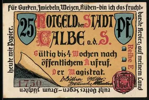 Notgeld Calbe 1920, 25 Pfennig, Stadtansicht und Gedicht, Siegel und Unterschriften des Magistrats