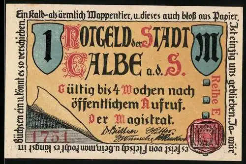 Notgeld Calbe, 1 Mark, Stadtansicht mit Fluss und Gedicht, Serie E, 1751, Wappen und Signaturen