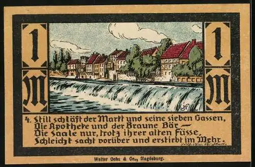 Notgeld Calbe, 1 Mark, Stadtansicht mit Fluss und Gedicht, Serie E, 1751, Wappen und Signaturen