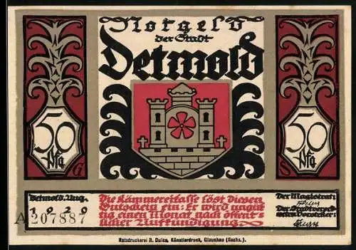 Notgeld Detmold 1921, 50 Pfennig, Wappen und historische Szene, Seriennummer 307887