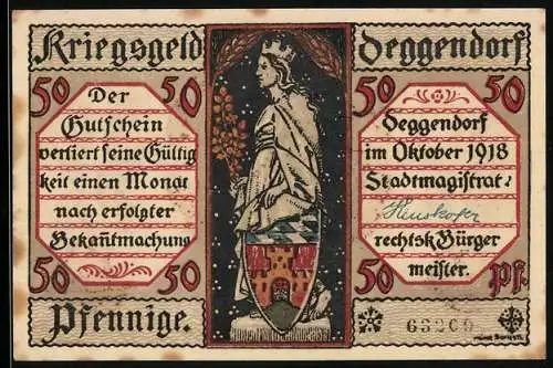 Notgeld Deggendorf 1918, 50 Pfennig, Frau mit Krone und Wappen, Stadtbild mit Kranz