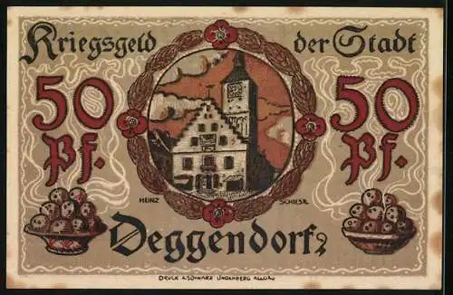 Notgeld Deggendorf 1918, 50 Pfennig, Frau mit Krone und Wappen, Stadtbild mit Kranz