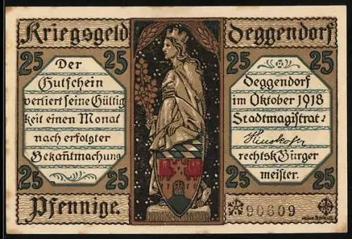 Notgeld Deggendorf 1918, 25 Pfennig, Frau mit Wappen und Kirche, Serie 98609, Kriegsnotgeld