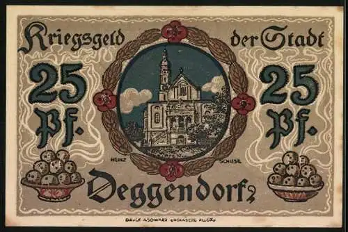 Notgeld Deggendorf 1918, 25 Pfennig, Frau mit Wappen und Kirche, Serie 98609, Kriegsnotgeld