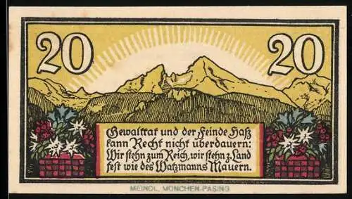 Notgeld Berchtesgaden 1920, 20 Pfennig, Watzmann-Motiv und Wappen, Seriennummer vorhanden