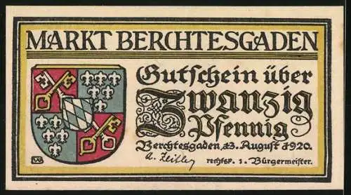 Notgeld Berchtesgaden 1920, 20 Pfennig, Watzmann-Motiv und Wappen, Seriennummer vorhanden