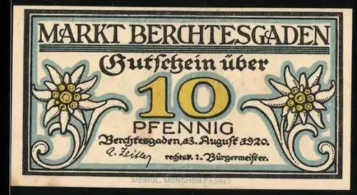 Notgeld Berchtesgaden 1920, 10 Pfennig, Edelweiss und Bergmannsmotiv mit Rosenornamenten