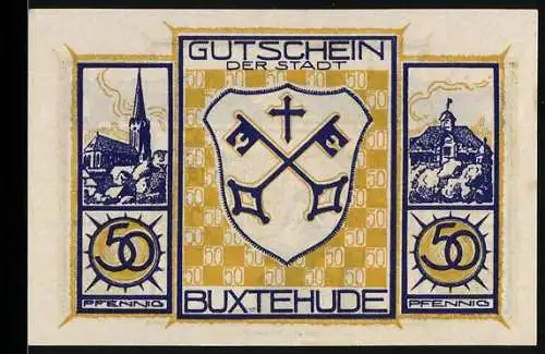 Notgeld Buxtehude, 50 Pfennig, Stadtwappen, Kirche, Schmied mit Hammer, Stadtansicht, laufender Hund