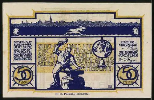 Notgeld Buxtehude, 50 Pfennig, Stadtwappen, Kirche, Schmied mit Hammer, Stadtansicht, laufender Hund