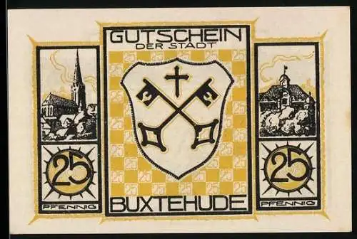 Notgeld Buxtehude, 25 Pfennig, Wappen mit zwei Schlüsseln, Kirche, Schmied mit Hammer