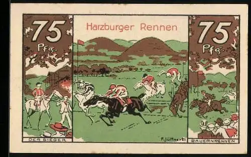 Notgeld Bad Harzburg 1921, 75 Pfennig, Harzburger Rennen, Reit- und Bauernrennen, Gedicht, Zentaur-Wettlauf