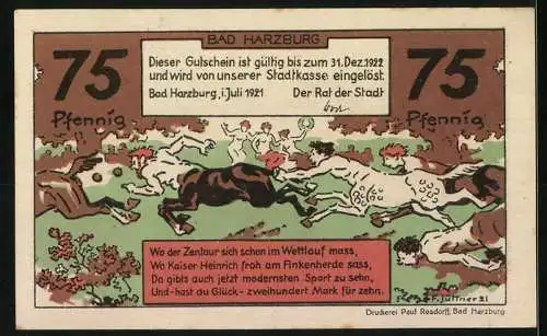 Notgeld Bad Harzburg 1921, 75 Pfennig, Harzburger Rennen, Reit- und Bauernrennen, Gedicht, Zentaur-Wettlauf