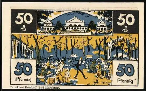 Notgeld Bad Harzburg 1921, 50 Pfennig, Kurhaus und Feiern im Wald unter Eichen, mit Schweinen und Tänzern