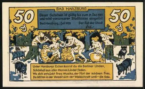 Notgeld Bad Harzburg 1921, 50 Pfennig, Kurhaus und Feiern im Wald unter Eichen, mit Schweinen und Tänzern