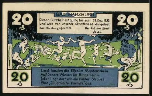 Notgeld Bad Harzburg 1921, 20 Pfennig, Liegewiese und Elfenreigen auf Donars Wiesen