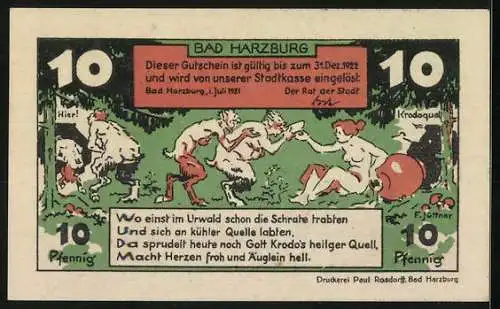 Notgeld Bad Harzburg 1921, 10 Pfennig, Menschen am Brunnen und mythologische Szene mit Krodosquelle