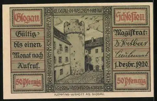 Notgeld Glogau 1920, 50 Pfennig, offene Buchseite und Schlossansicht, Seriennummer und Wappen vorhanden