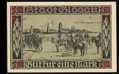 Notgeld Glogau 1920, 1 Mark, Soldaten auf Pferden und marschierende Truppen, Stadtansicht im Hintergrund