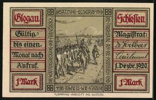 Notgeld Glogau 1920, 1 Mark, Soldaten auf Pferden und marschierende Truppen, Stadtansicht im Hintergrund