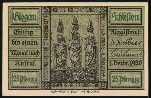 Notgeld Glogau 1920, 25 Pfennig, Kirche und Heiligenfiguren, gültig bis einen Monat nach Aufruf